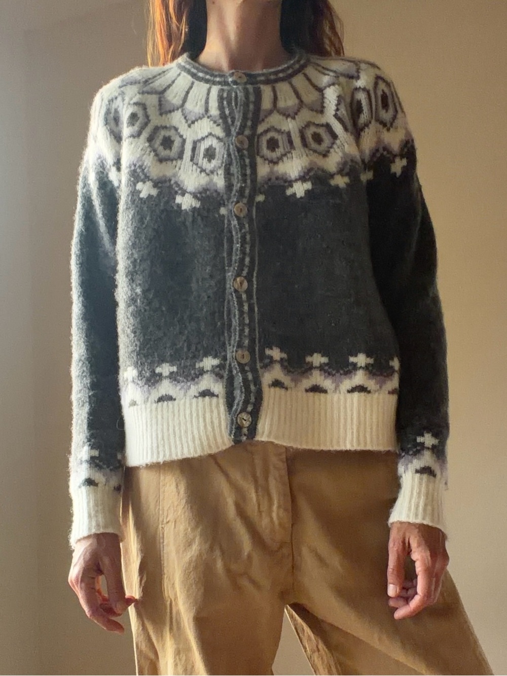 Classic Fair Isle Button-Front Cardigan Sweater - Gray & Cream